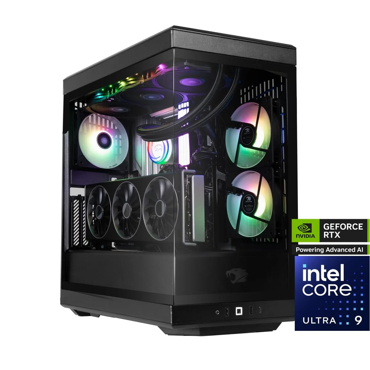 Black mid-tower gaming desktop with tempered glass side panel