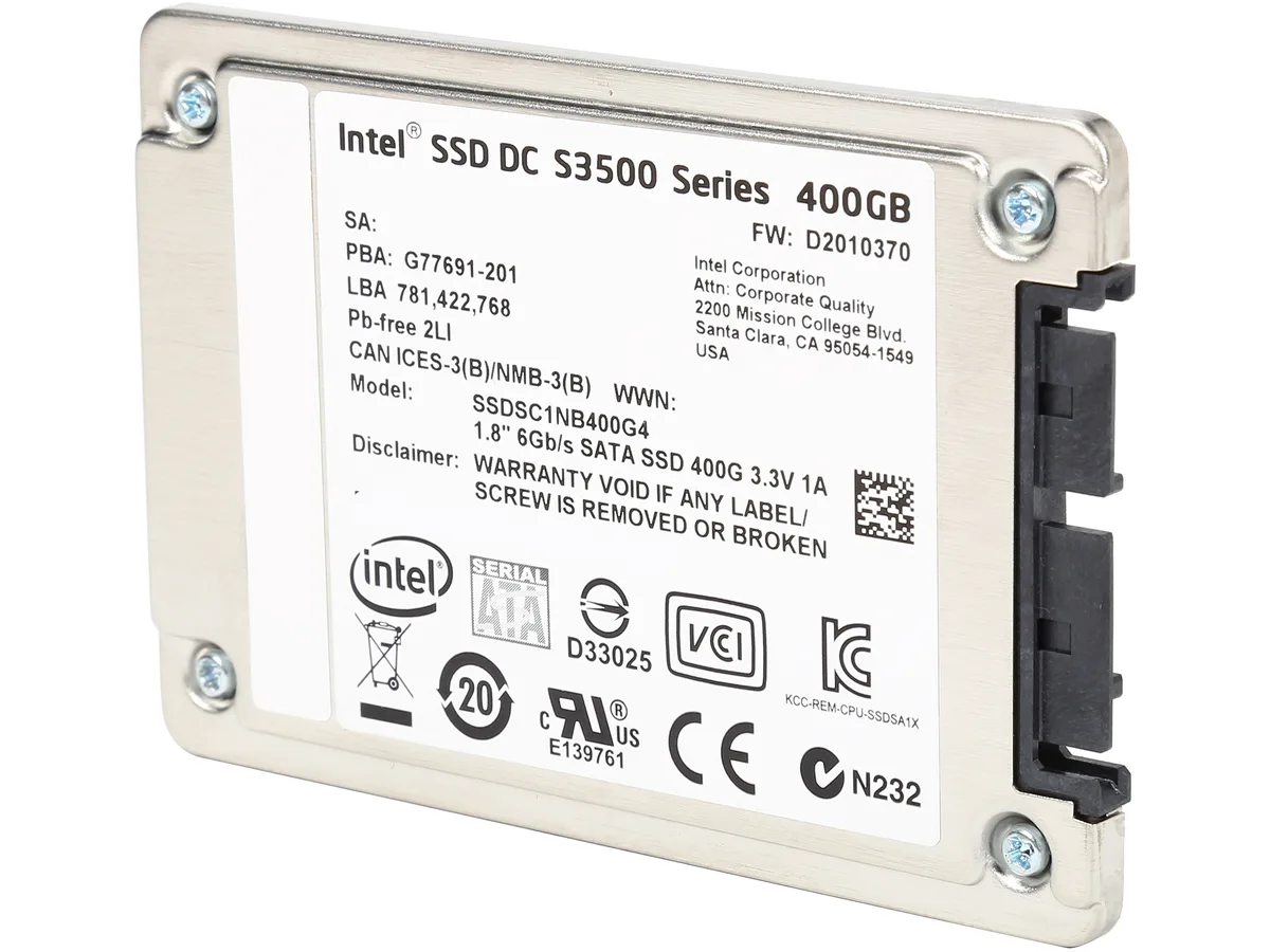 Rectangular black SATA SSD with silver label and gold connectors
