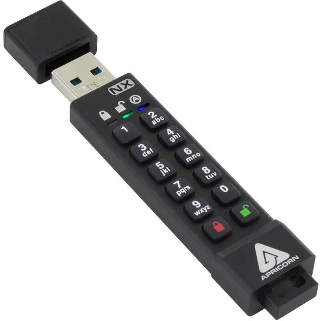 Black rectangular USB flash drive with built-in numeric keypad and metal connector