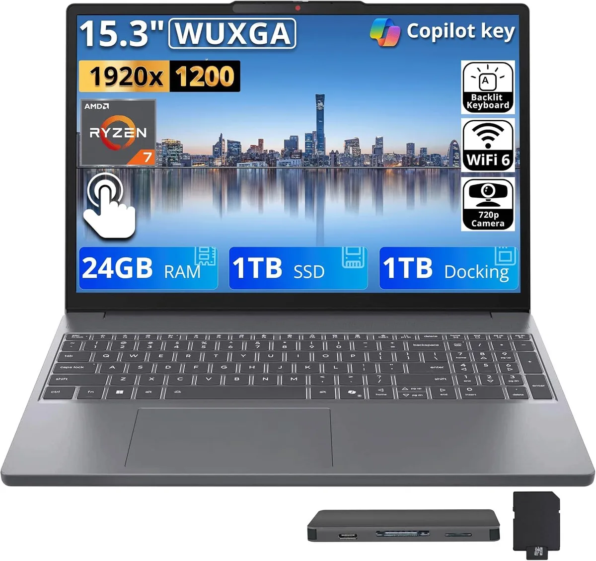 Lenovo Lenovo IdeaPad Slim 3 15.3" WUXGA Touch Ryzen 7 8840HS 24GB DDR5 1TB SSD + 1TB Dock Luna Gray — صورة المنتج
