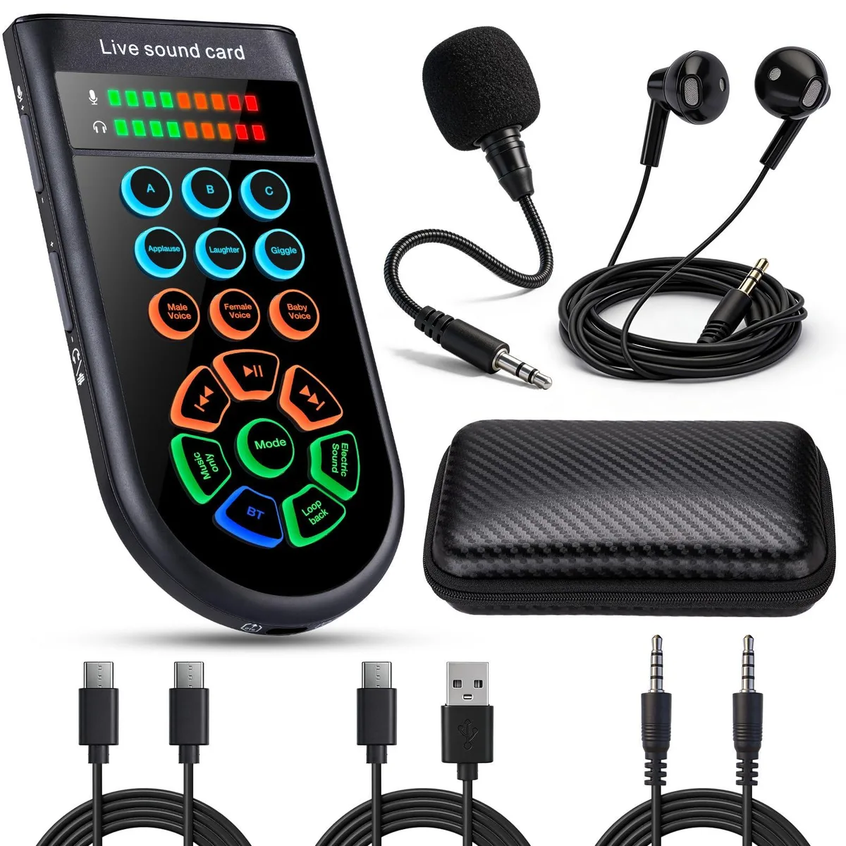 Compact black handheld sound card with condenser microphone and headphones