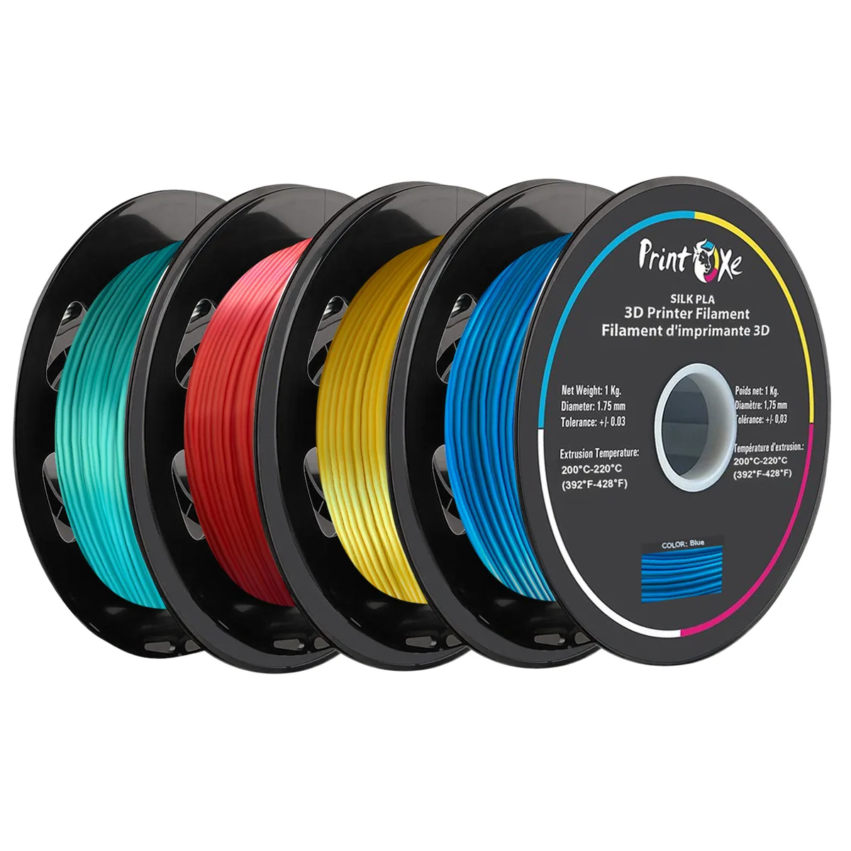Four 1.75 mm silk PLA spools in green red yellow blue