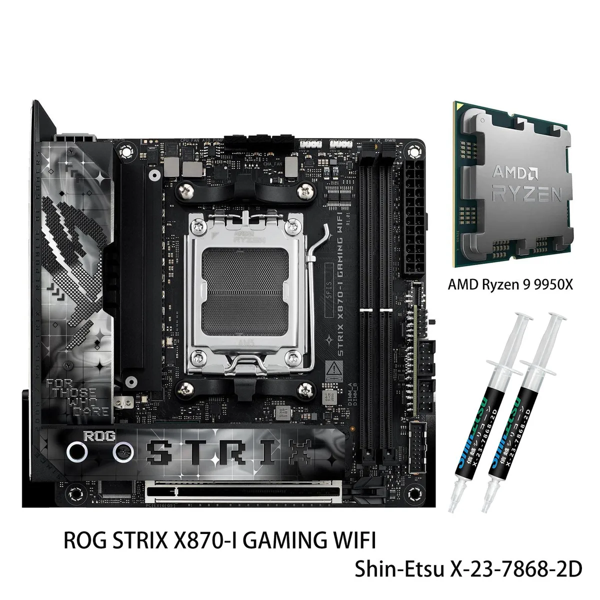 Compact Mini-ITX board with large black heatsinks and integrated rear I/O cover