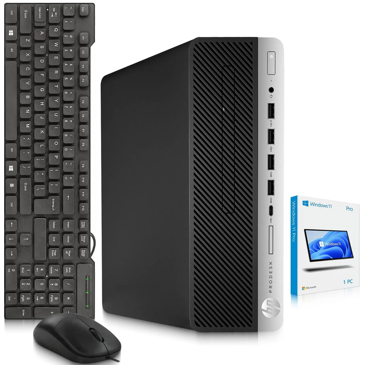 Small black HP ProDesk 600 G5 tower on desk