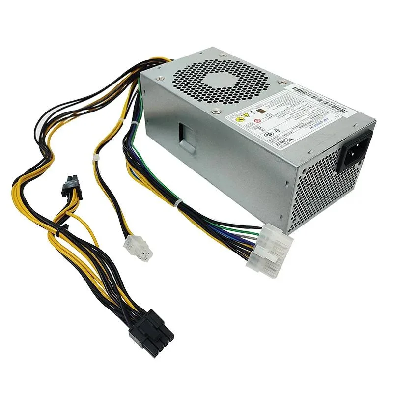 Compact TFX power supply unit with 14-pin connector, matte black finish and rear exhaust fan