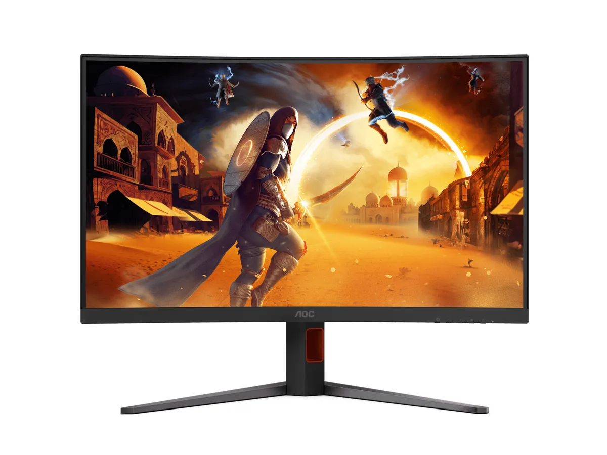 Black and red curved 32 inch VA gaming monitor on adjustable stand