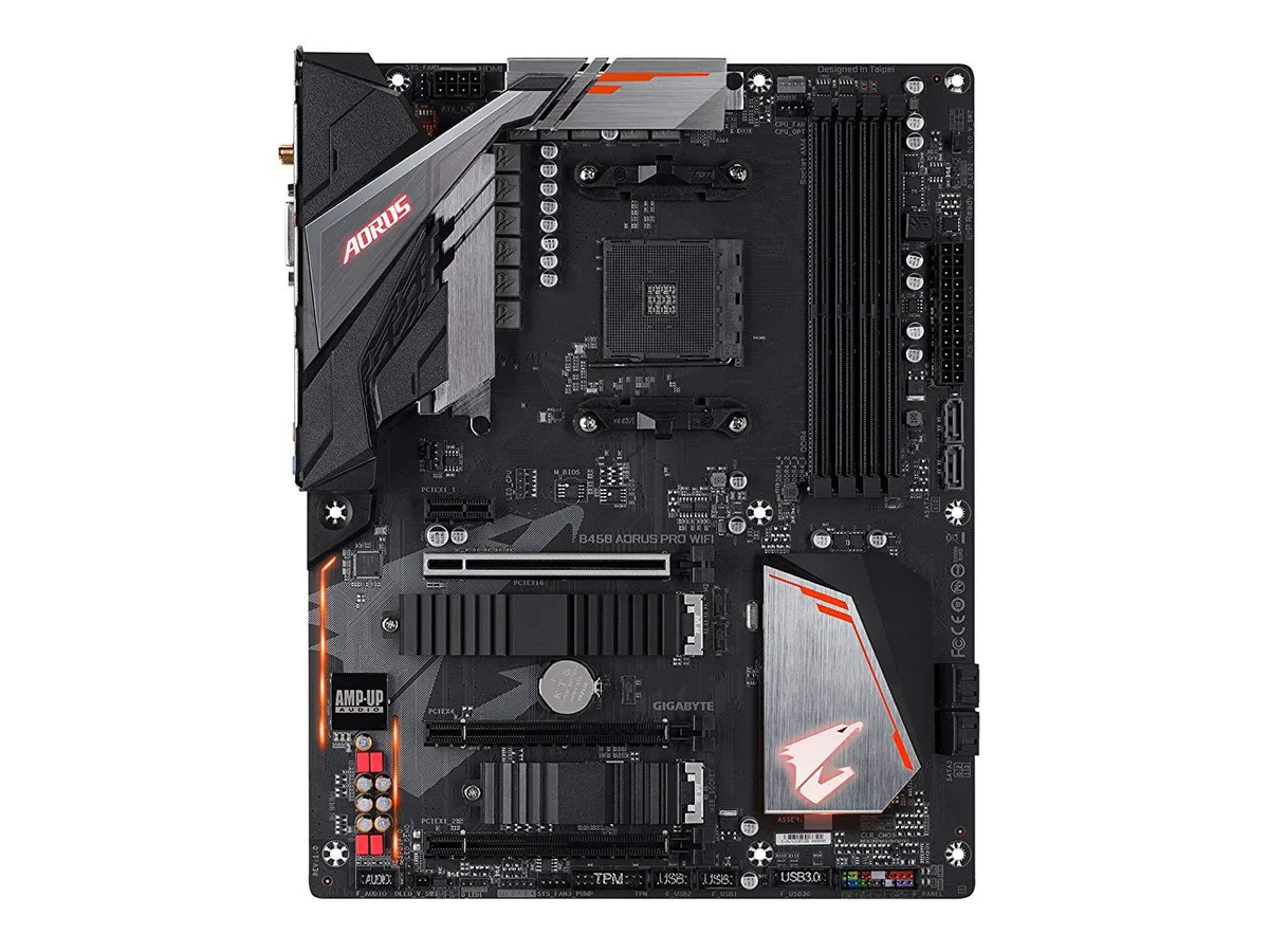 Rectangular ATX motherboard with black PCB and silver heatsinks, rear I/O shield attached
