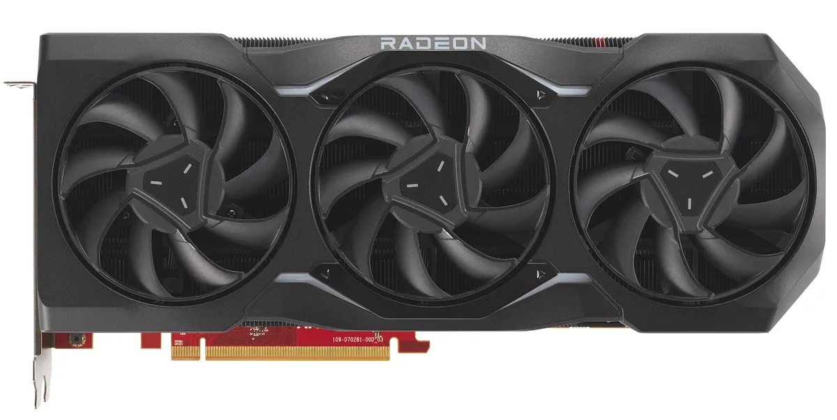 Large graphics card with triple fans, dark shroud, metal backplate, two eight-pin power connectors, HDMI DisplayPort USB-C bracket