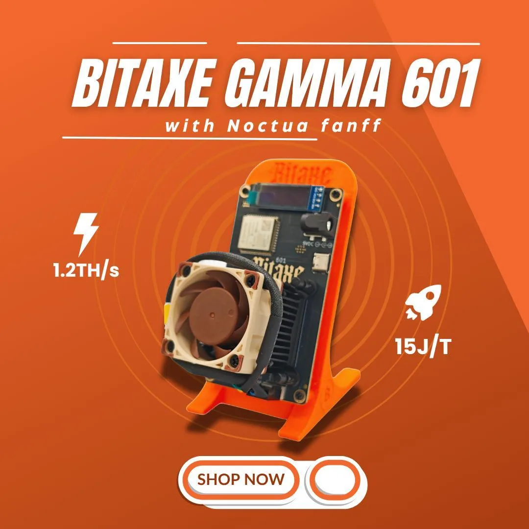 Compact open-source Bitcoin miner with Noctua cooling fan, exposed BM1370 ASIC chip and power supply included
