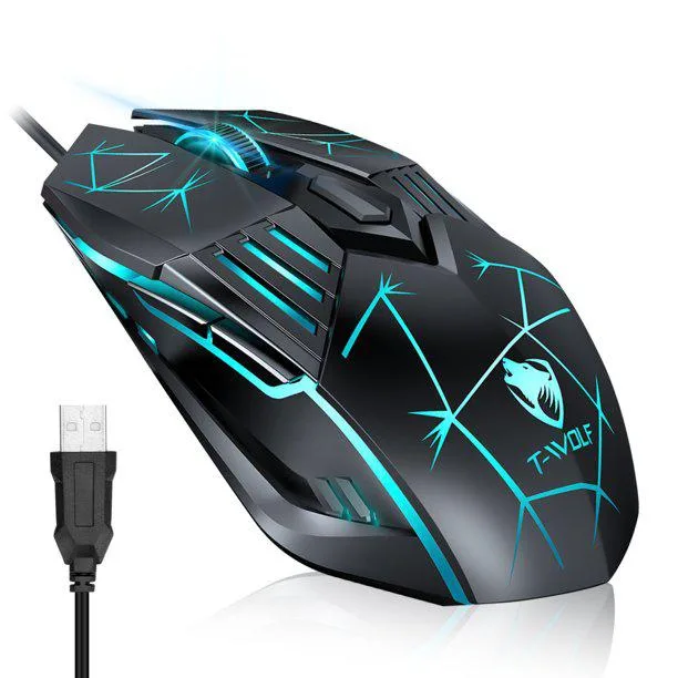 Black wired gaming mouse with ergonomic shape, six buttons, scroll wheel and four-color LED lighting