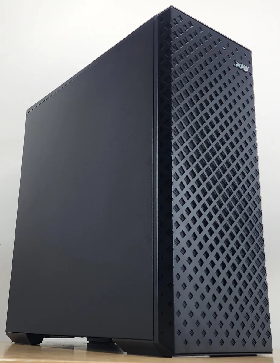 Black mid-tower gaming desktop with side window and AIO cooler visible