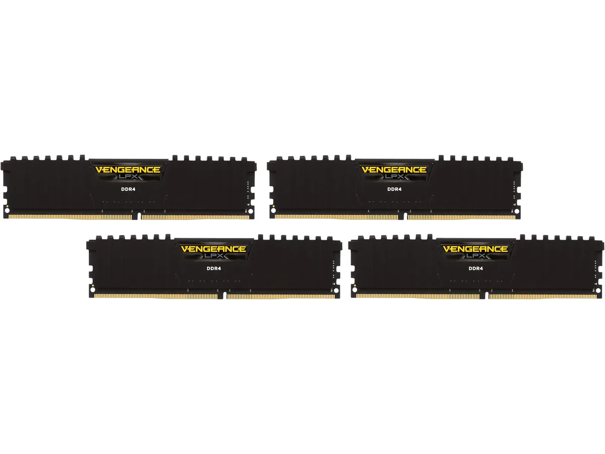 Four black anodized aluminum DIMM modules with low-profile heat spreaders