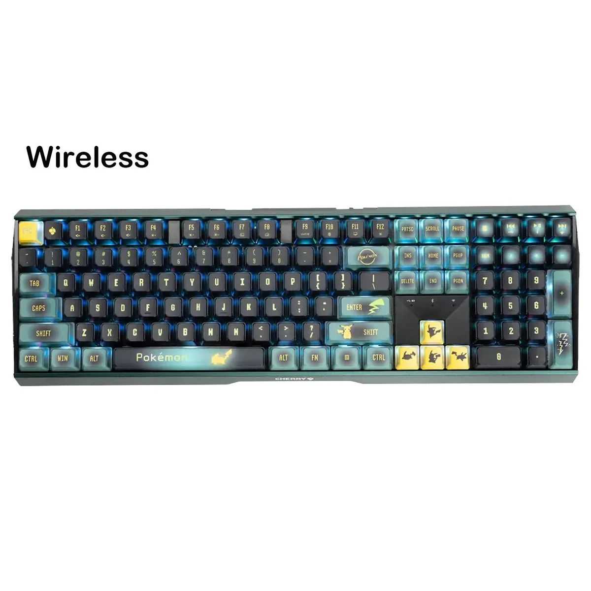 Full-size Pikachu-themed keyboard with yellow transparent PBT keycaps and aluminum frame