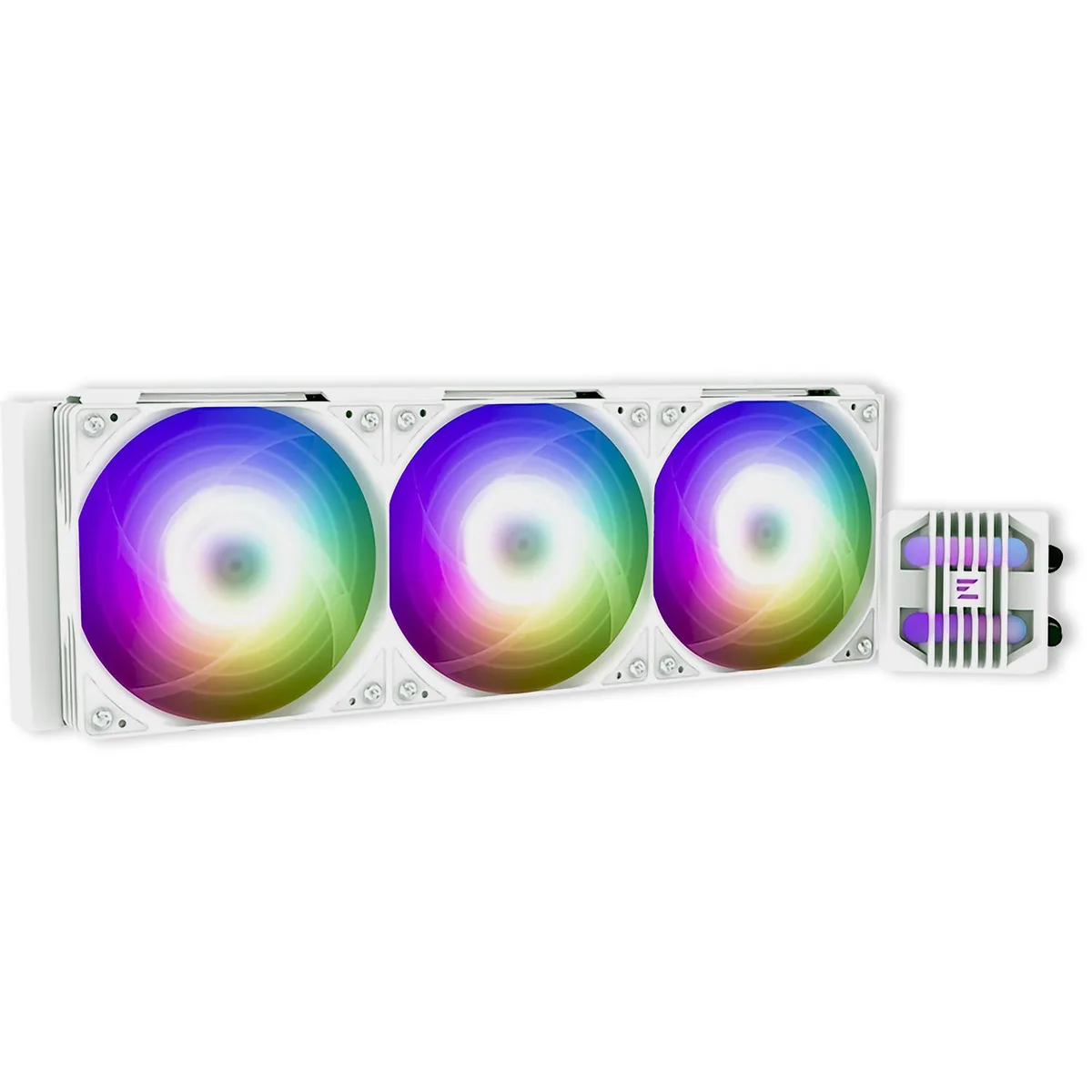 White 360 mm radiator with three ARGB fans and white pump block