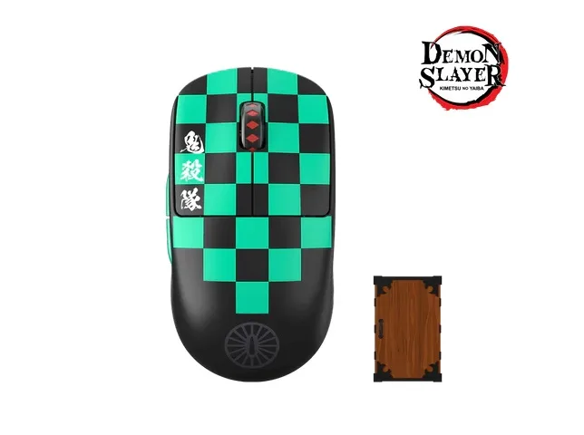 Green and black lightweight wireless gaming mouse with symmetrical shape and USB dongle
