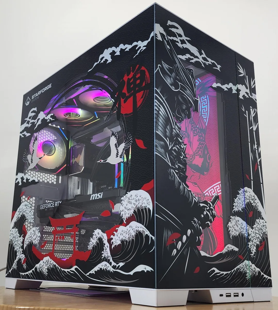 Mid-tower gaming PC with glass side panel, RGB liquid cooler and graphics card visible