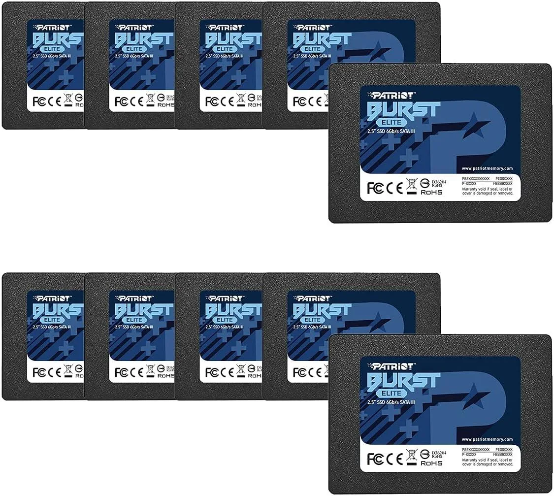 Ten silver 2.5 inch SATA SSDs in a row