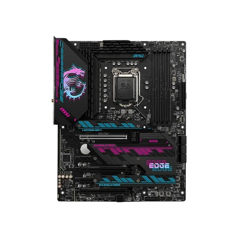 ATX motherboard, dark PCB with silver heatsinks and rear I/O shield