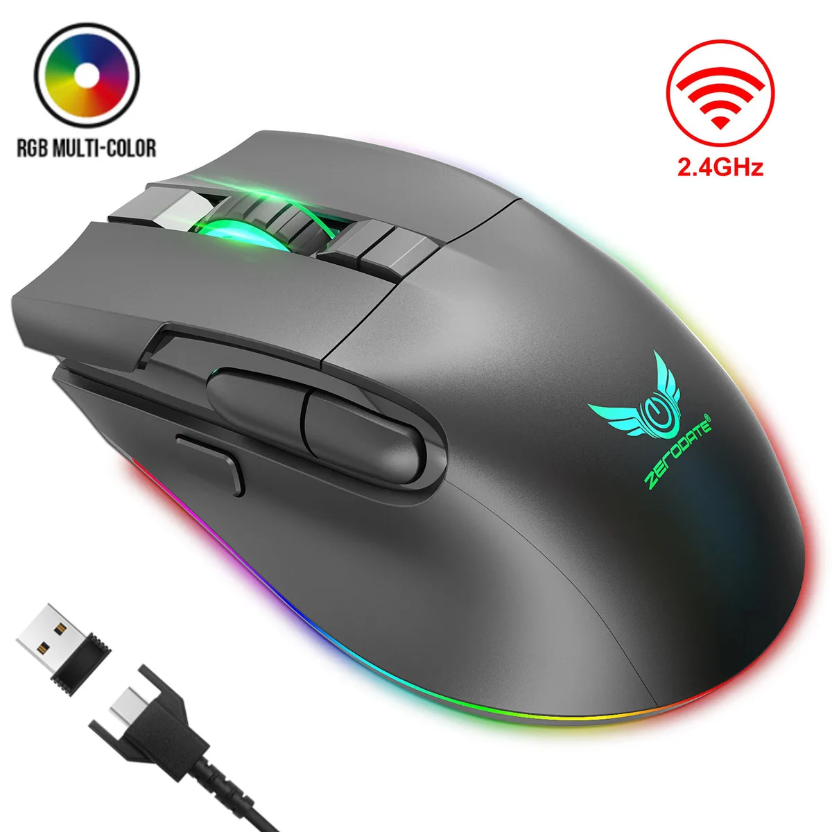 Black wireless gaming mouse with RGB lighting, ergonomic shape, seven buttons and USB receiver