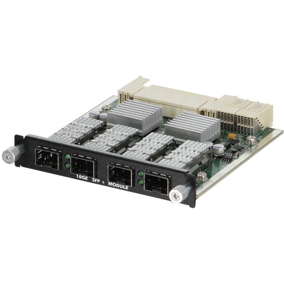 Dell N805D PowerConnect M8024 10Gb QP SFP+ uplink module, rectangular silver metal card with four SFP+ cages and side latch