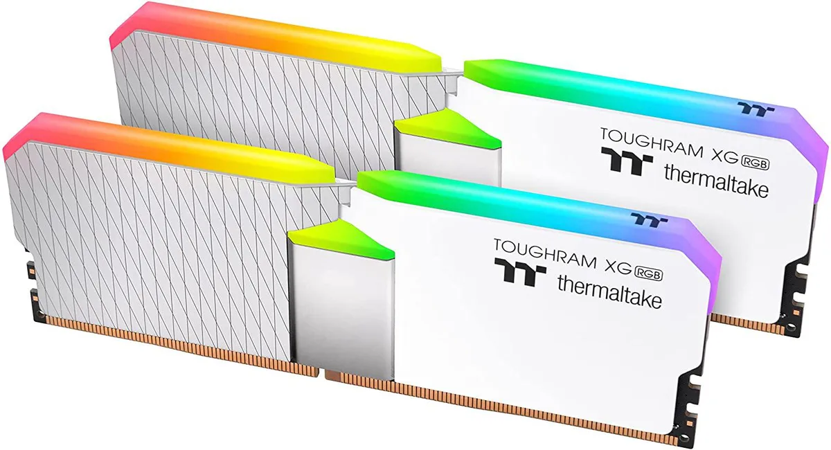Two white DDR4 modules with exposed RGB LEDs and premium heatspreaders