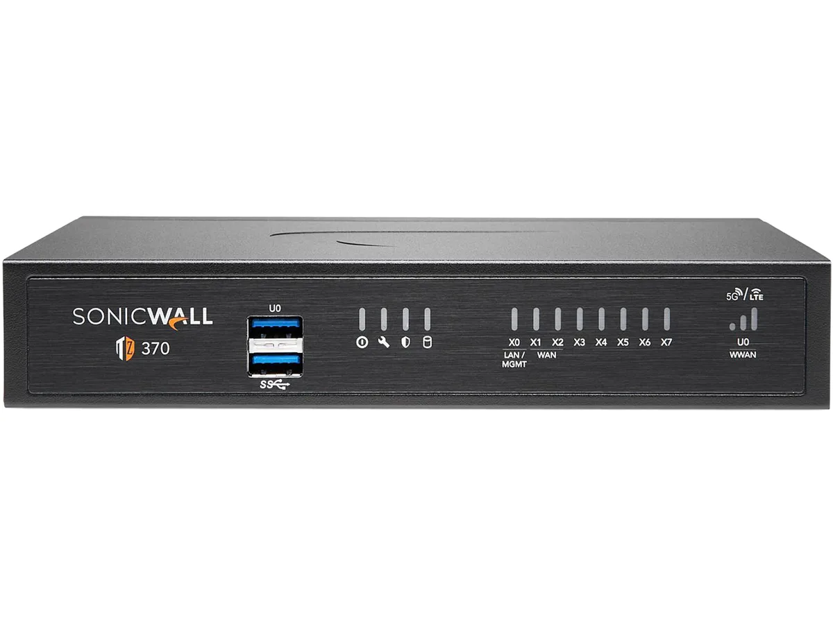 A compact white desktop box with eight copper Ethernet ports on the front