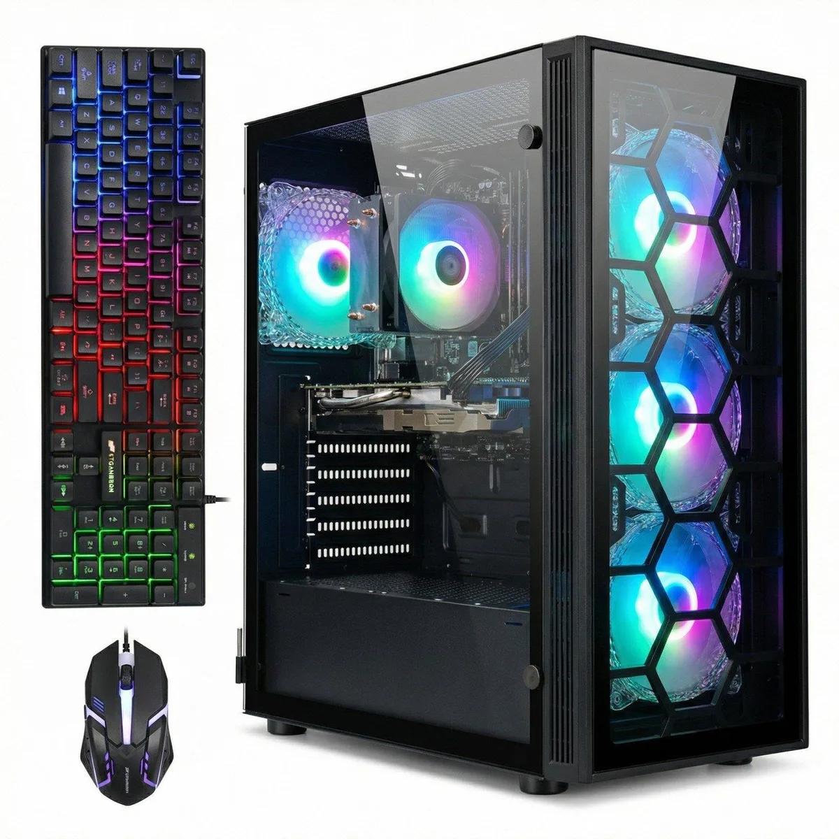 Black mid-tower desktop with six RGB fans and included keyboard and mouse