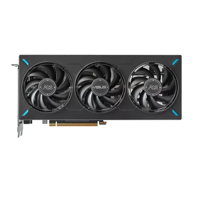 Black dual-slot graphics card with silver shroud and three axial fans