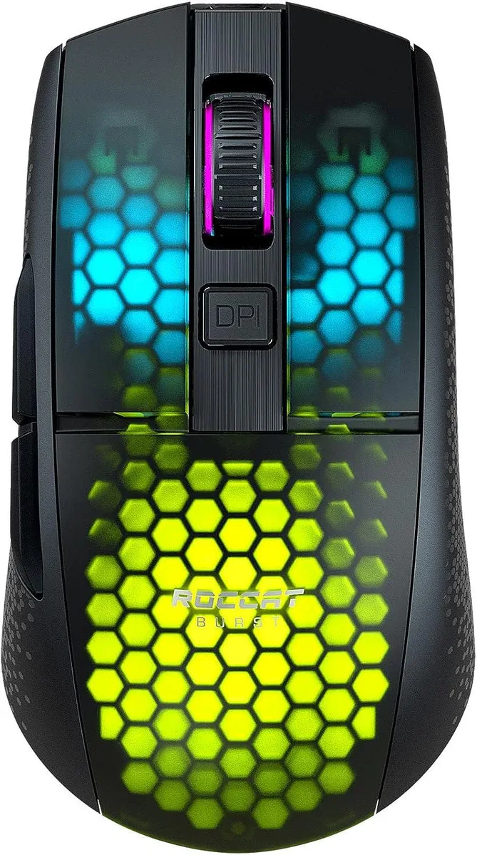 Black symmetrical wireless gaming mouse with RGB lighting zones, matte finish and lightweight bionic shell