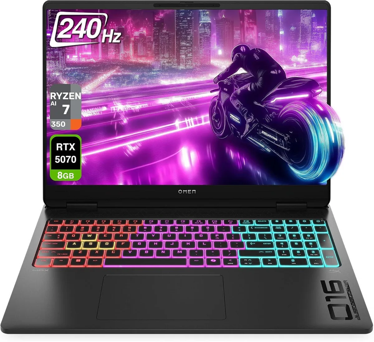 Black 16 inch gaming laptop with thin bezels and backlit keyboard