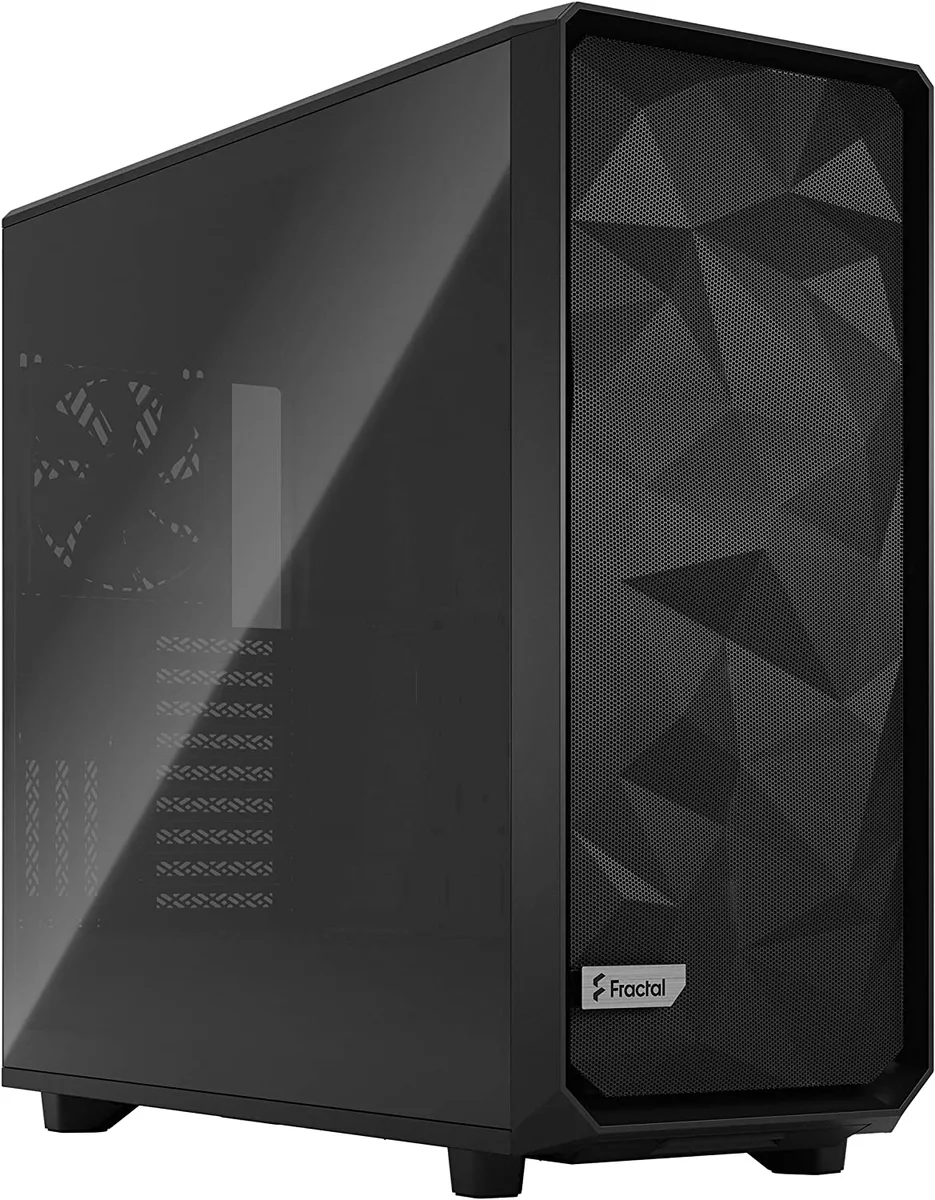 Black full tower case with angular mesh front and tinted tempered glass side panel