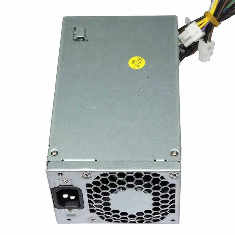 Rectangular black metal ATX power supply unit with 6-pin connector and cooling fan grille