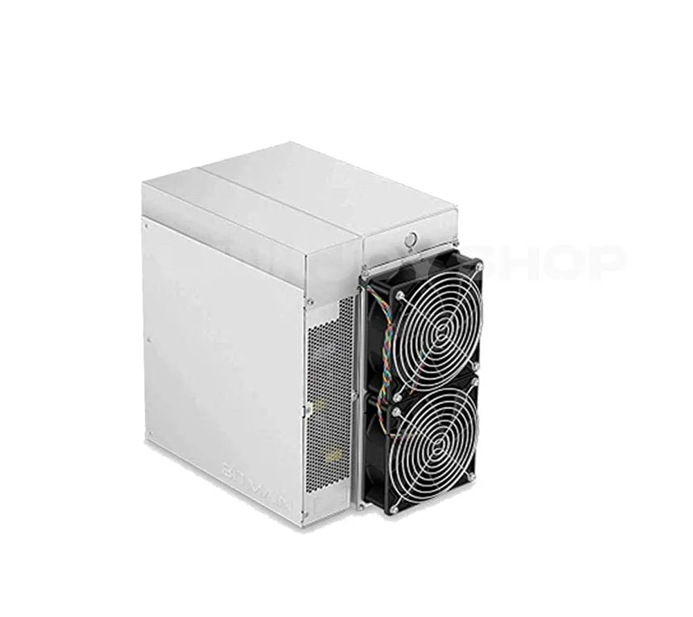 Rectangular metal mining unit with front grille and rear power sockets