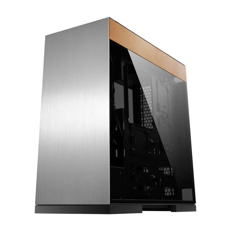 Black mid-tower case with brushed aluminum, genuine cowhide accents and tempered glass side panel