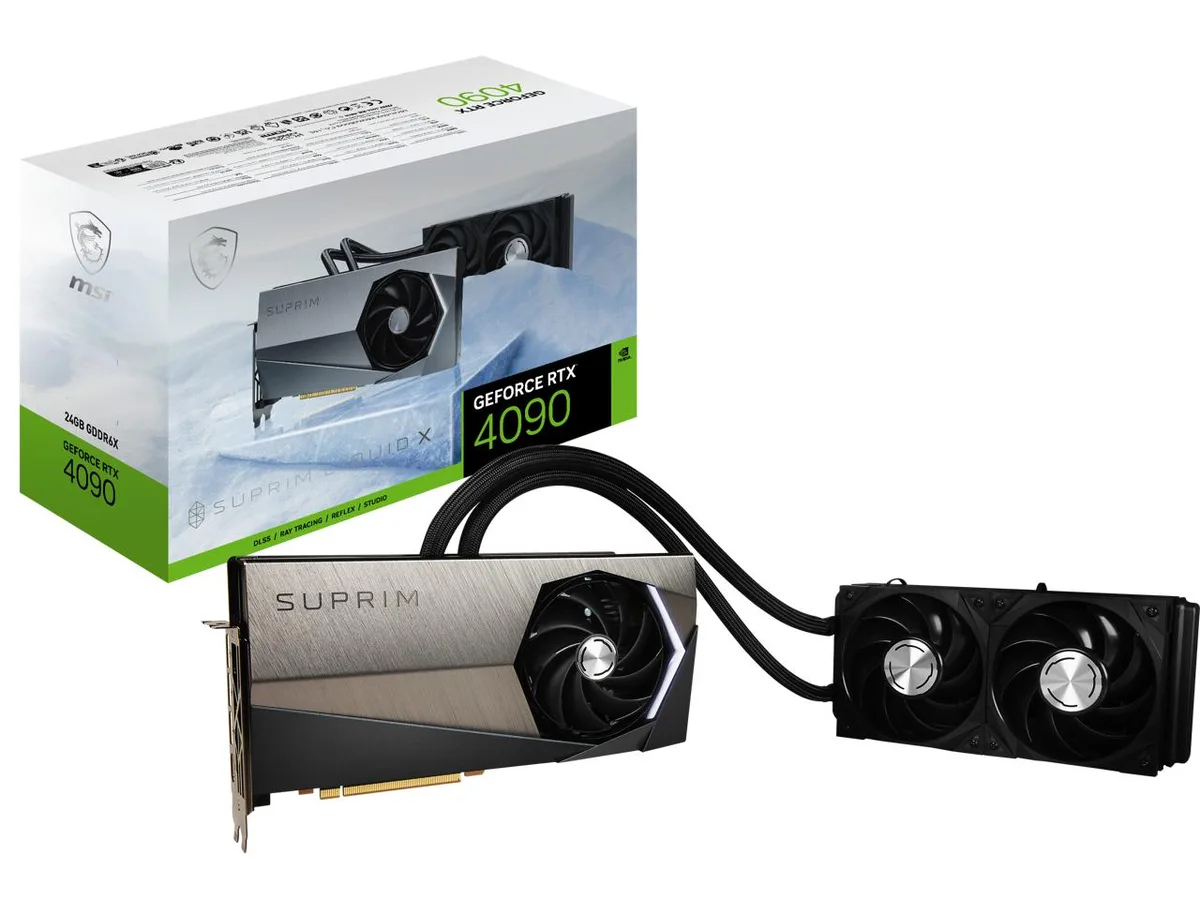 MSI Suprim Liquid X RTX 4090 graphics card with integrated liquid cooling block and braided tubing