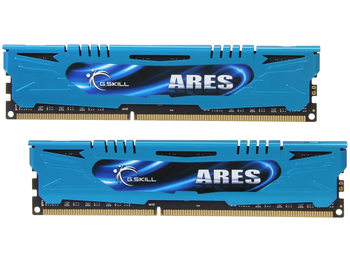 Two blue low-profile DDR3 DIMMs with heat spreaders