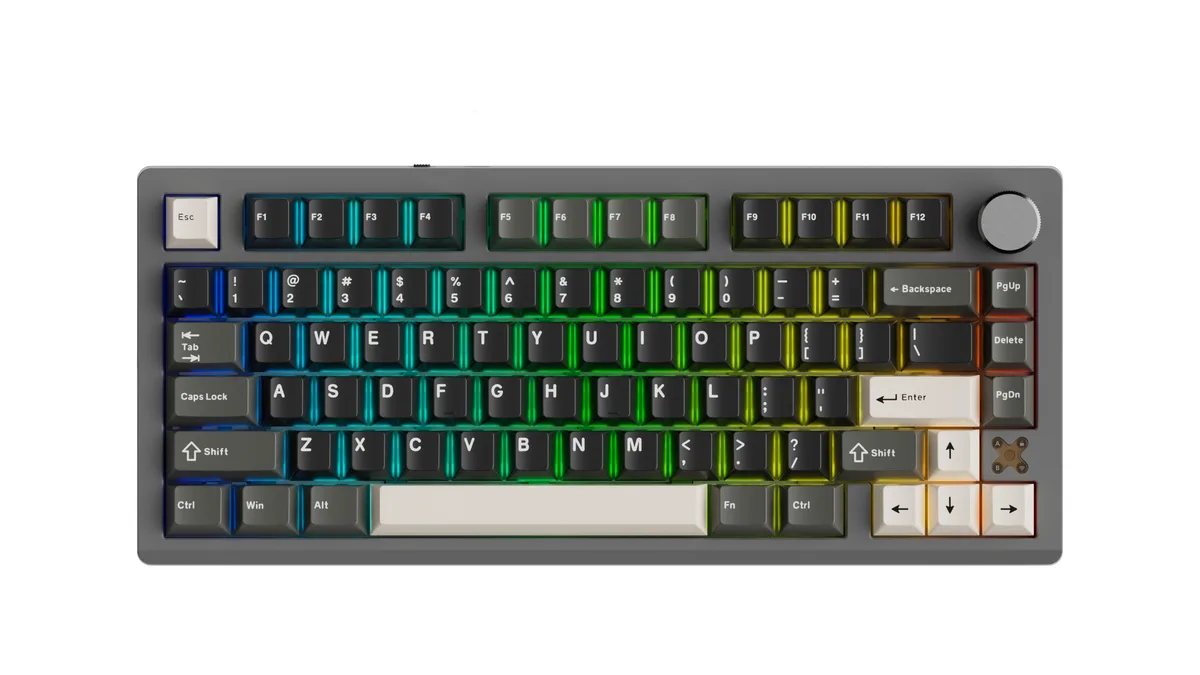 Compact 75% keyboard in black and grey with metal knob and PBT keycaps