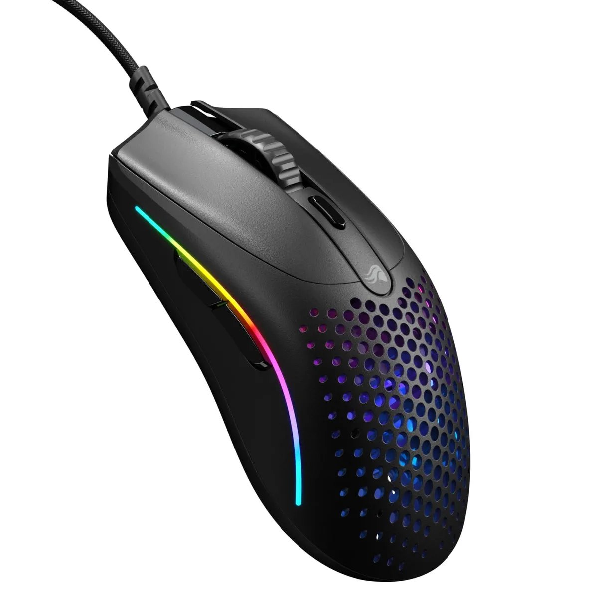 Matte black lightweight gaming mouse with honeycomb shell and RGB lighting