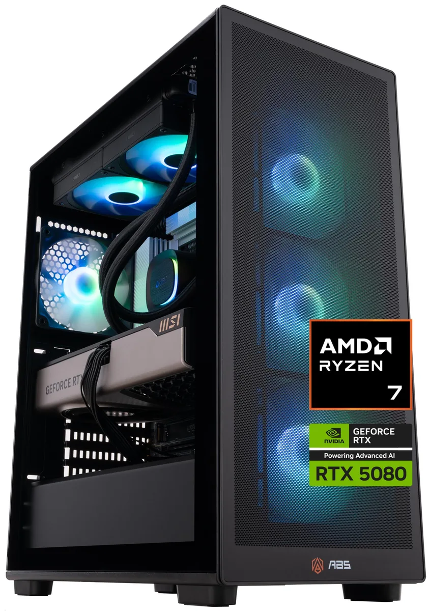 Black mid-tower gaming desktop with RGB memory visible through side panel