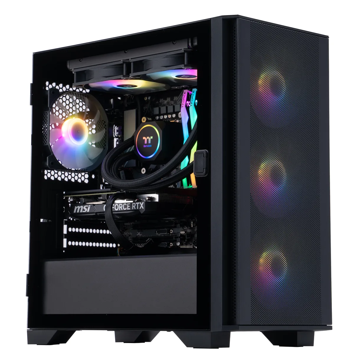 Black mid-tower gaming PC with RGB liquid cooler visible through glass side panel
