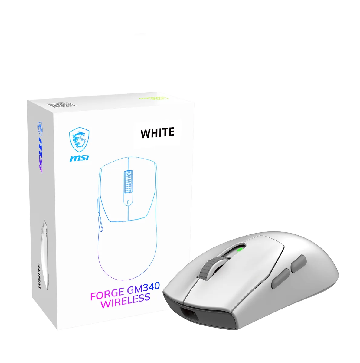 White symmetrical wireless gaming mouse, ultra-lightweight 57g, matte finish, six buttons, USB-C charging