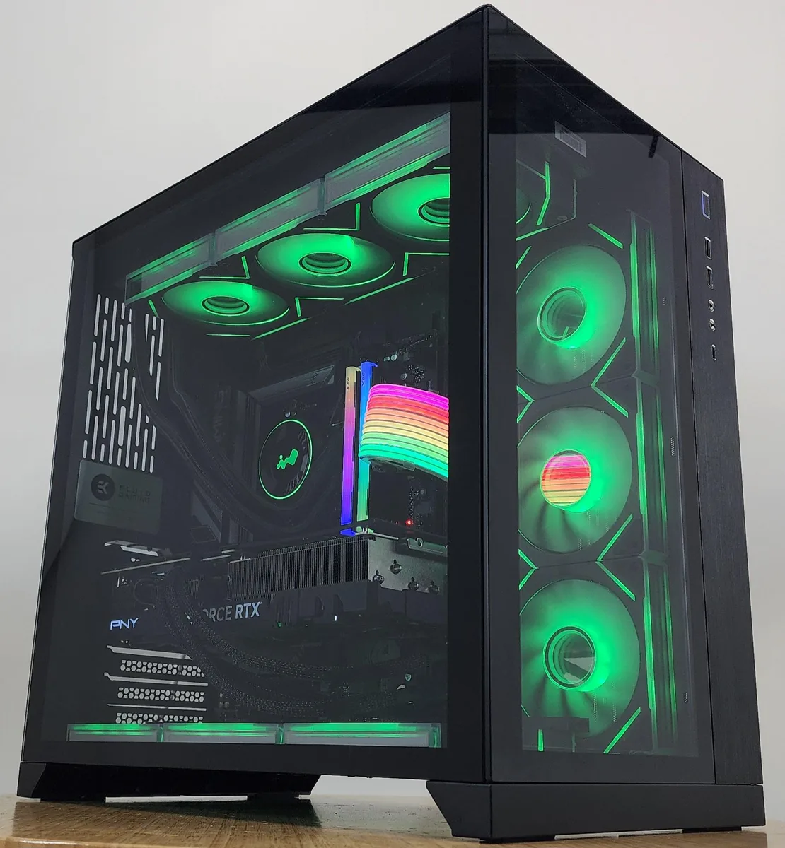 Black Lian Li O11 Dynamic ATX case with 360mm AIO RGB cooler and RTX 4070 Ti SUPER graphics card