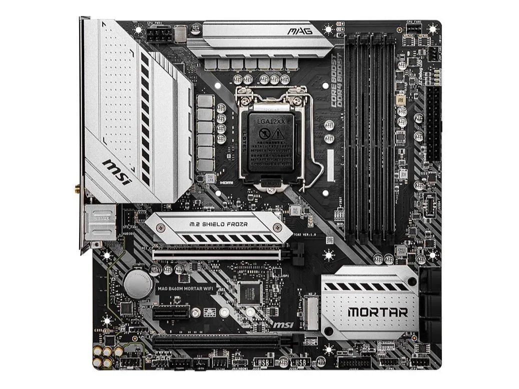 Micro-ATX board, dark grey PCB, black heatsinks, silver socket, rear I/O shield attached
