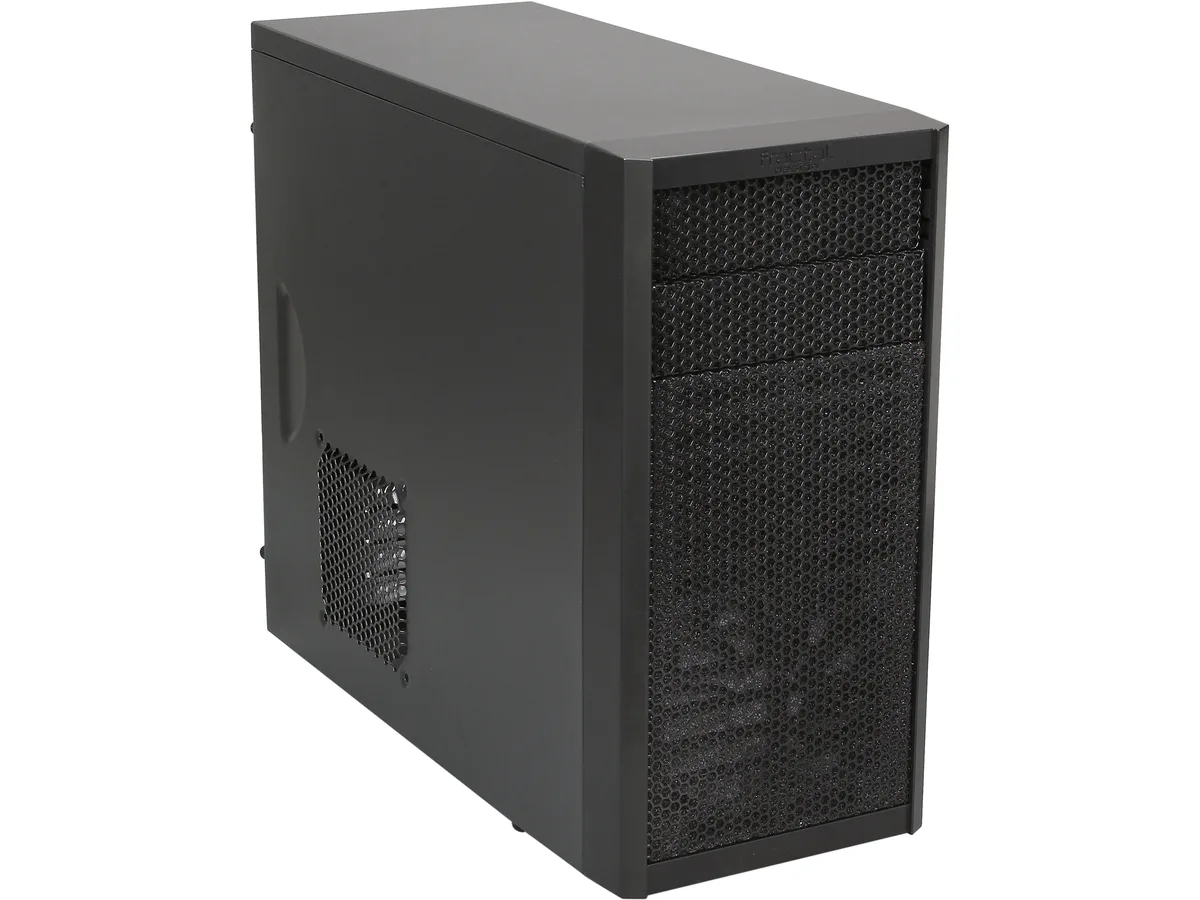 Black steel Micro ATX mid-tower case with mesh front panel and two 5.25 inch drive bays