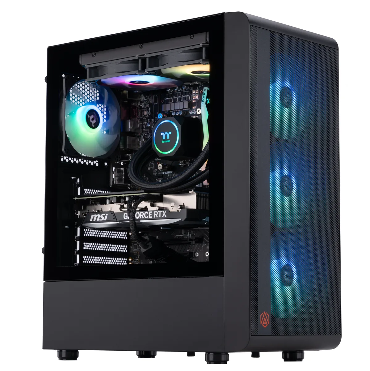 Black mid-tower gaming desktop with RGB liquid cooler visible through glass side panel