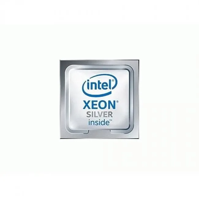A green rectangular server CPU with gold contact pads and a silver heat spreader marked Xeon Silver 4410Y