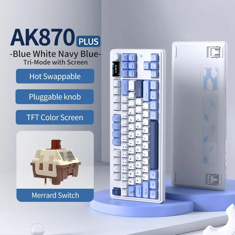 Compact 84-key keyboard in blue white navy blue with a 1.06-inch TFT screen and metal volume knob