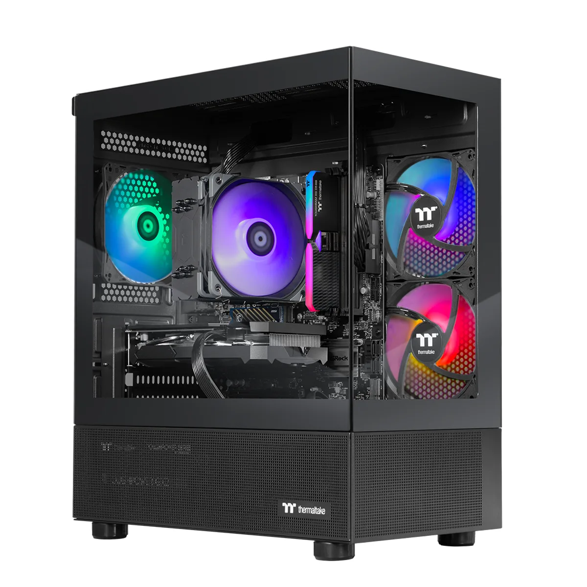 Black Thermaltake tower case with air cooling visible inside