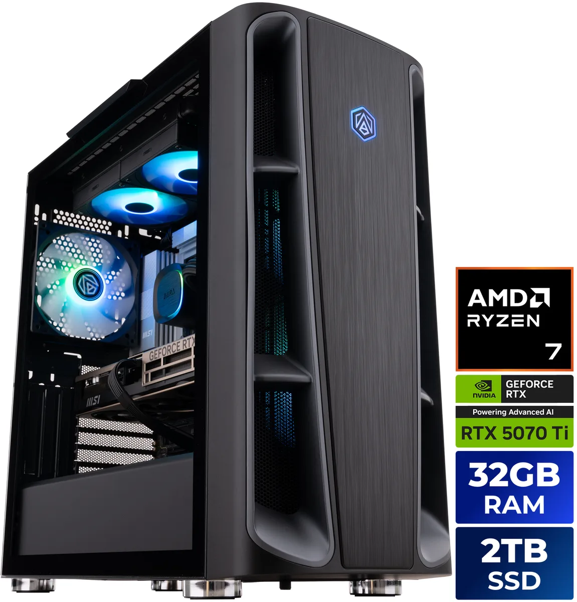 Black mid-tower gaming desktop with glass side panel and RGB lighting