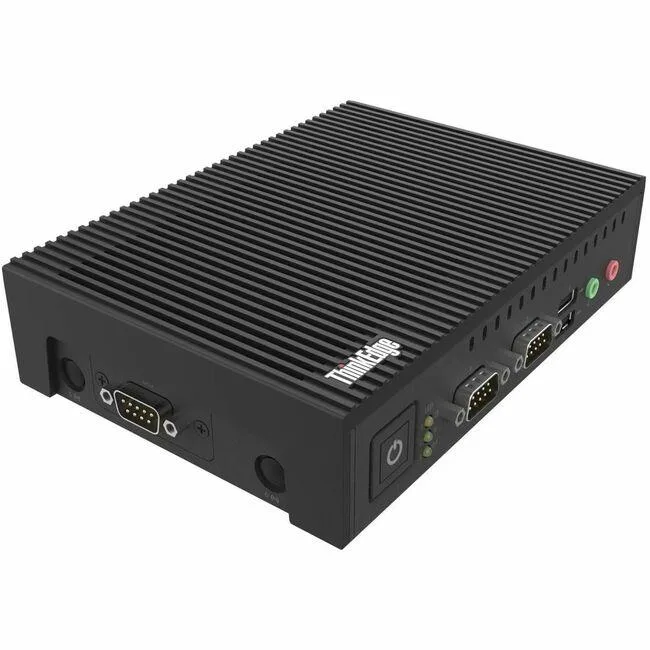 Compact black desktop PC with front USB ports and serial connectors